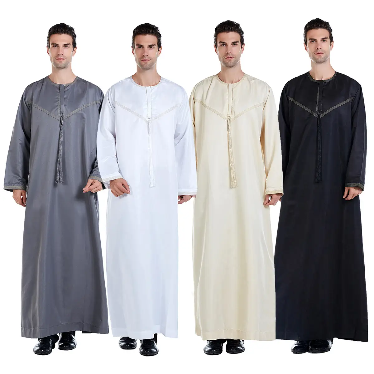 Men's Modest Muslim Robe with Embroidery - Ramadan Eid Prayer Robe, Solid Color, Long-Sleeved, Loose Fit, Breathable Cotton Blend, Ethnic Style Clothi