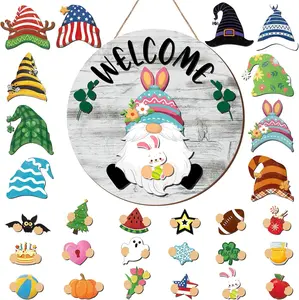 Easter Gift Interchangeable Gnome Welcome Sign for Door Decorations Wooden Gnome Sign with Magnet Detachable Hats and Hands Cute Gnome Hanging for Easter Holiday Seasonal Decorations Party Birthday Home Wall Office Living Room Garden