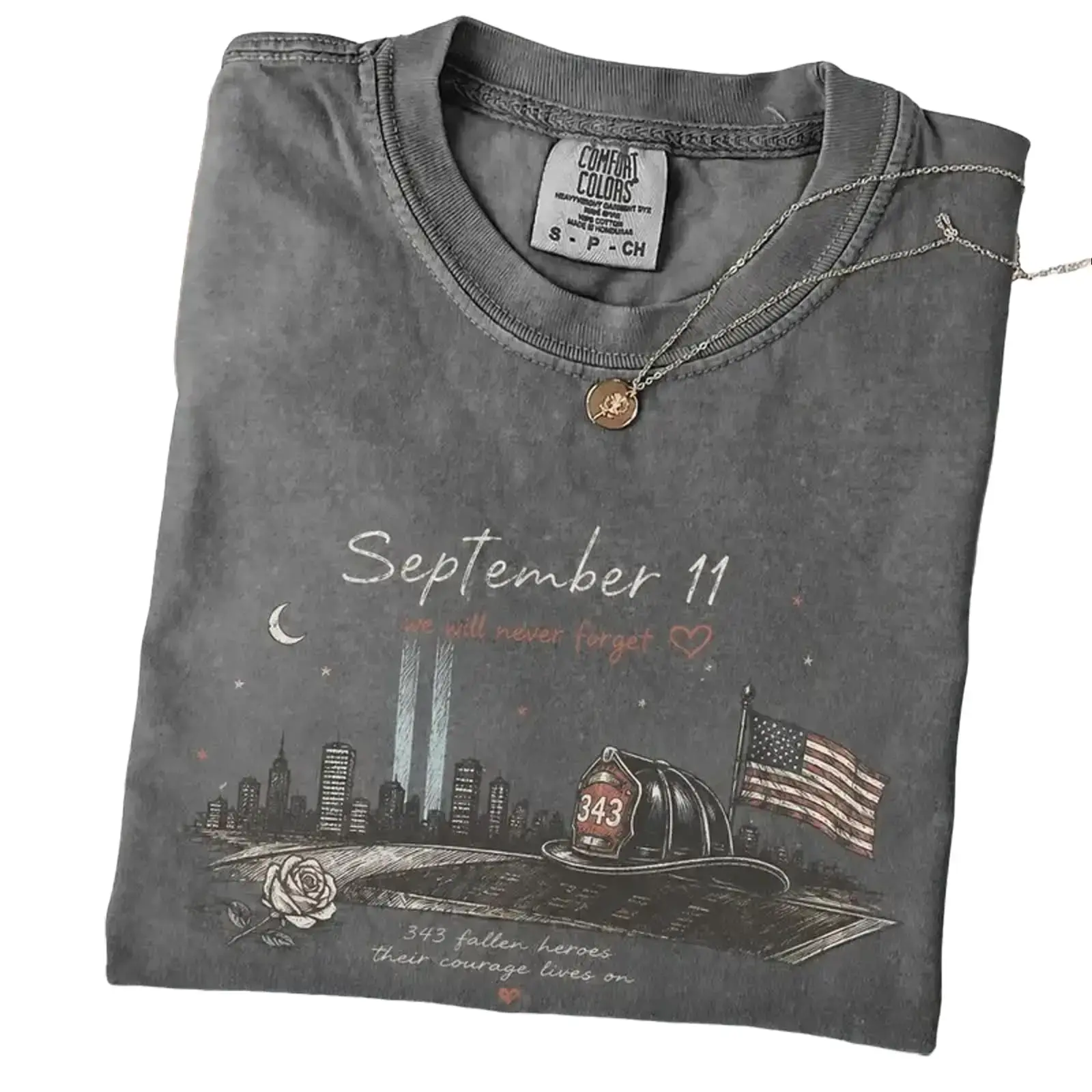 September 11 Never Forget Comfort Color T-Shirt 343 Fallen Firefighter Memorial Graphic Tee Ring Spun Cotton Casual Soft Washed T-Shirt Trendy Tops