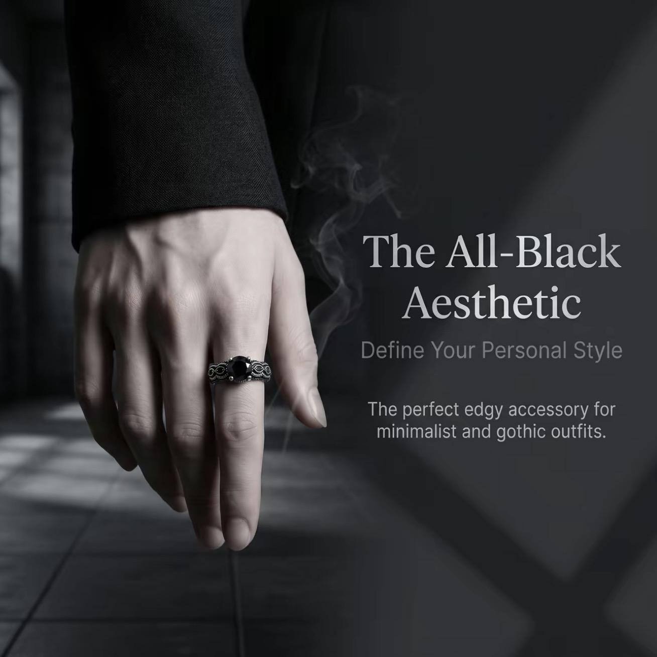 Vinci S925 Sterling Silver Vintage Black Synthetic Obsidian Ring with Filigree Design for Men and Women Everyday Wear, Energy Crystal Ring Perfect for Birthday Party Statement Gift/Unique Ring/Daily Armor Ring