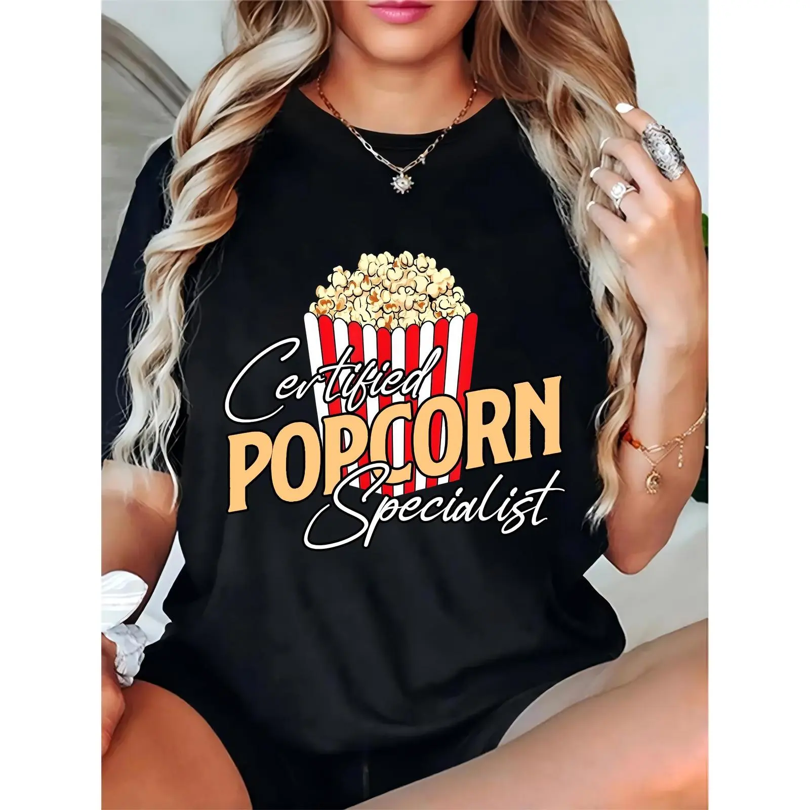 Women’s Black T-Shirt with Popcorn Bucket Graphic & “Certified Popcorn Specialist” Text – Ideal for Movie Nights, Casual Wear, or Popcorn-Themed Festivities
