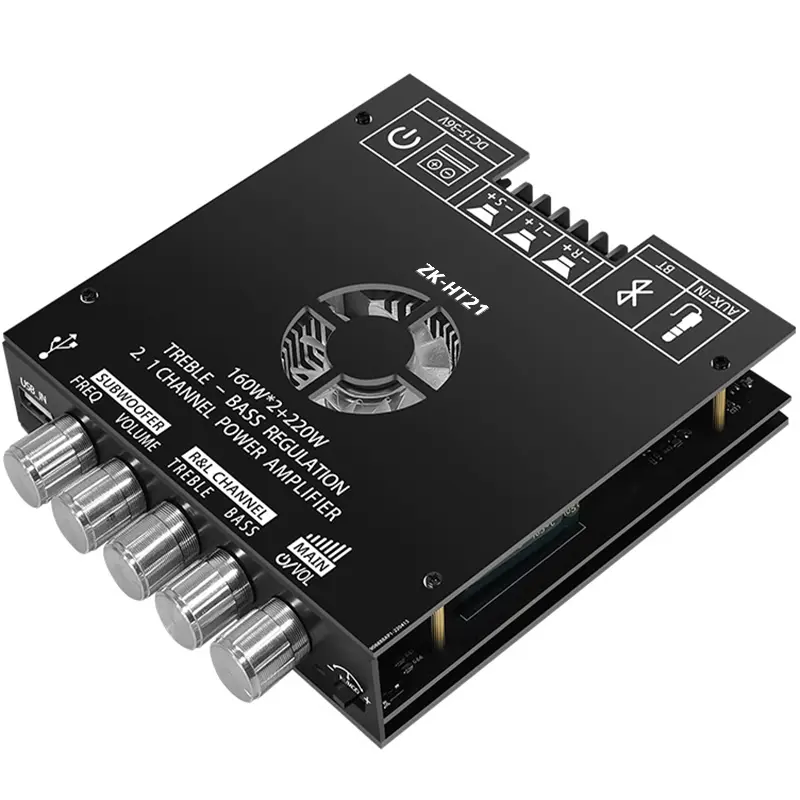 2.1 Channels Stereo Amp Board, 2x160W+220W Bluetooth 5.0 Audio Amplifier, Treble Bass Control, Long Distance Transmission, Power Supply & Voltage Current Support for Home & Car Use