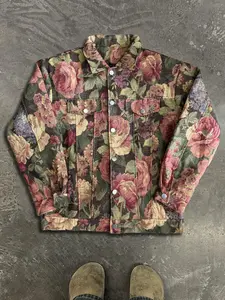 Men's Floral Print Button Front Denim Jacket, Loose Casual Retro Long Sleeve Collared Outerwear for Spring, Fashion Men's Clothes for Daily Wear, Coats, Casual Fashionable Jacket