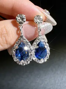 1 pair of elegant navy blue water droplet artificial zircon earrings, elegant women's dinner daily style earrings, suitable as a gift for women Stud Earring Tear Drop Earring