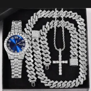 Hip Hop Set Simulated Diamond Luxury Watch Iced Cuban Chain Cross Necklace Bracelet