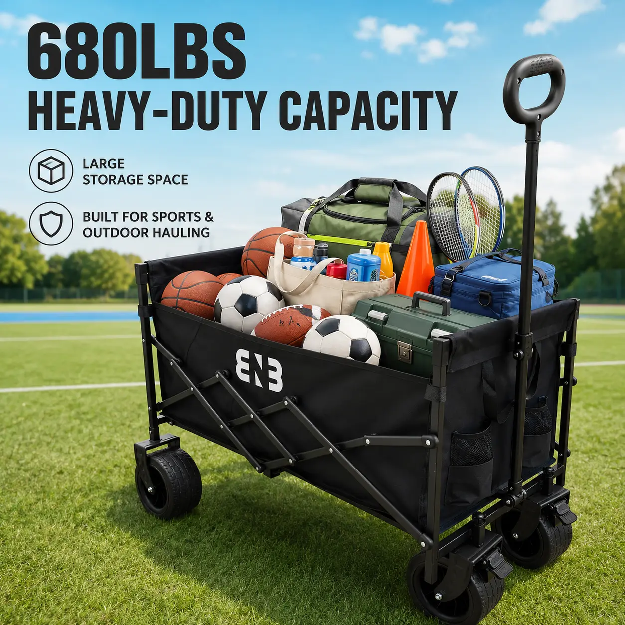 Heavy Duty All-Terrain Folding Wagon Cart, Portable Collapsible Utility Wagon For Outdoor Gear, Sports Training, Camping, Garden, Beach And Grocery Use
