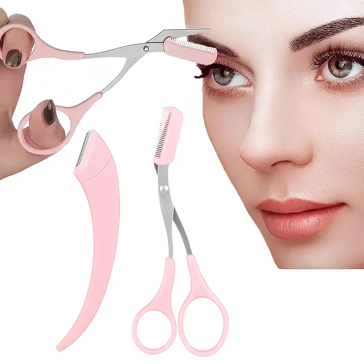 Eyebrows Eyelashes Grooming Set, Pink Eyebrow Scissors with Comb + Safety Eyebrow Razor for Precise Makeup Cosmetic Tools, Facial Hair Remover for Women