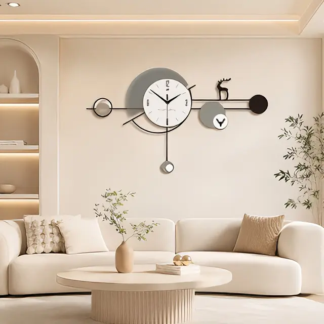 Modern Geometric Wall Clock with Pendulum, Black & Gray Decorative Clock for Living Room & Home Decor