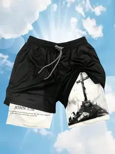 Men's Street Fashion Cross-Print Knit Drawstring Everyday Shorts, Breathable Printed Sporty Sports Shorts for Gym, Basketball Outings