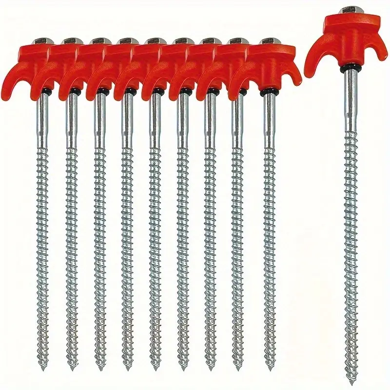Heavy-Duty 4pcs Iron Hexagonal Threaded Tent Stakes - Red Plastic Handle & Metal Screws - Camping, Hiking, and Outdoor Gear Accessories - Sleek Finish | Metallic Screw Thread