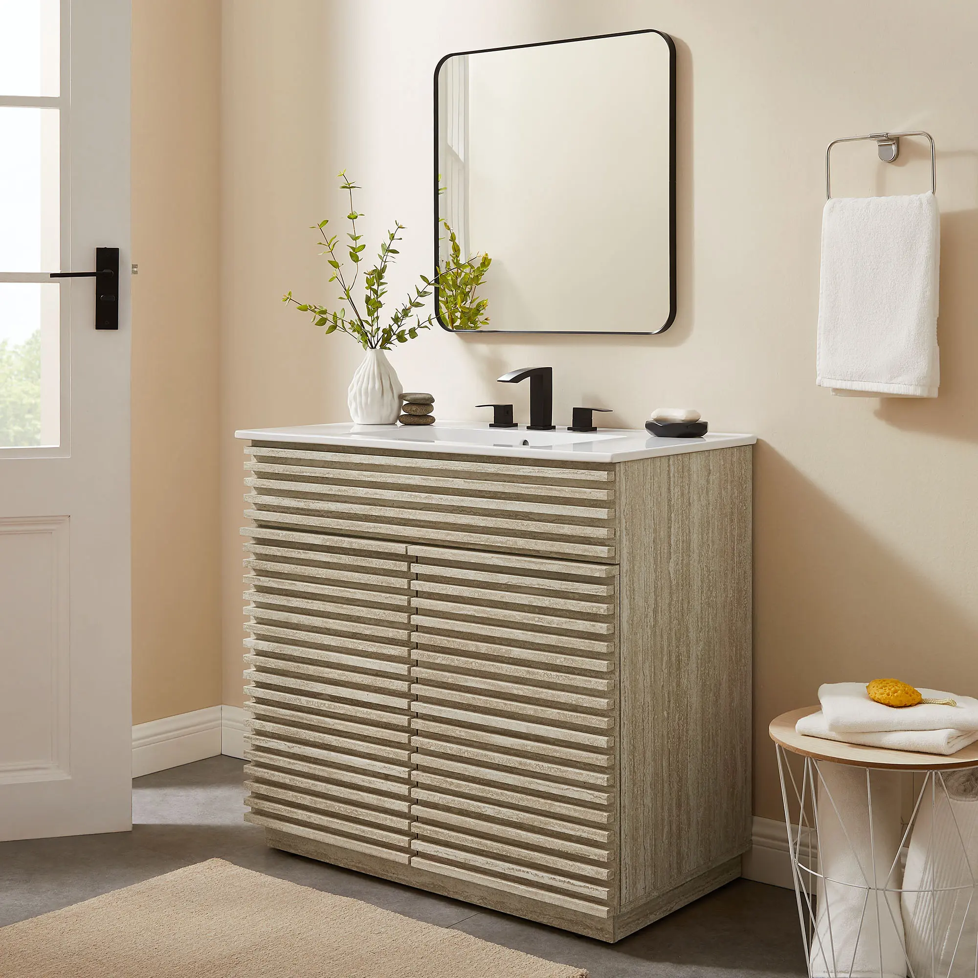 36" White Faux Travertine Bathroom Vanity with Sink, Modern Bathroom Fixture Set, Home Improvement Cabinet, Bathroom Cabinet, Modern Bathroom Fixture Sets