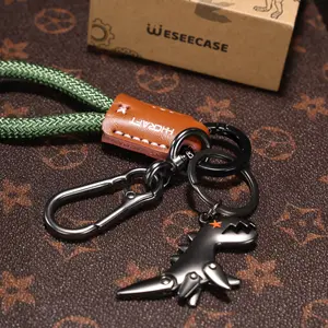 Weseecase Premium Metal Dino Keychain Retro Braided Rope & Leather Key Ring for Car Keys & Bags Durable & Stylish Accessory