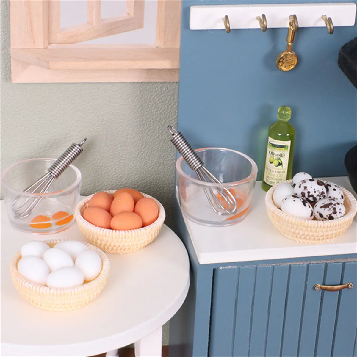 9pcs Novelty Dollhouse Miniature Toy Food Set - Miniature Eggs, Realistic Wicker Baskets, Egg Beater for DIY House Decoration, Pretend Play (Ideal for Christmas Enthusiasts)