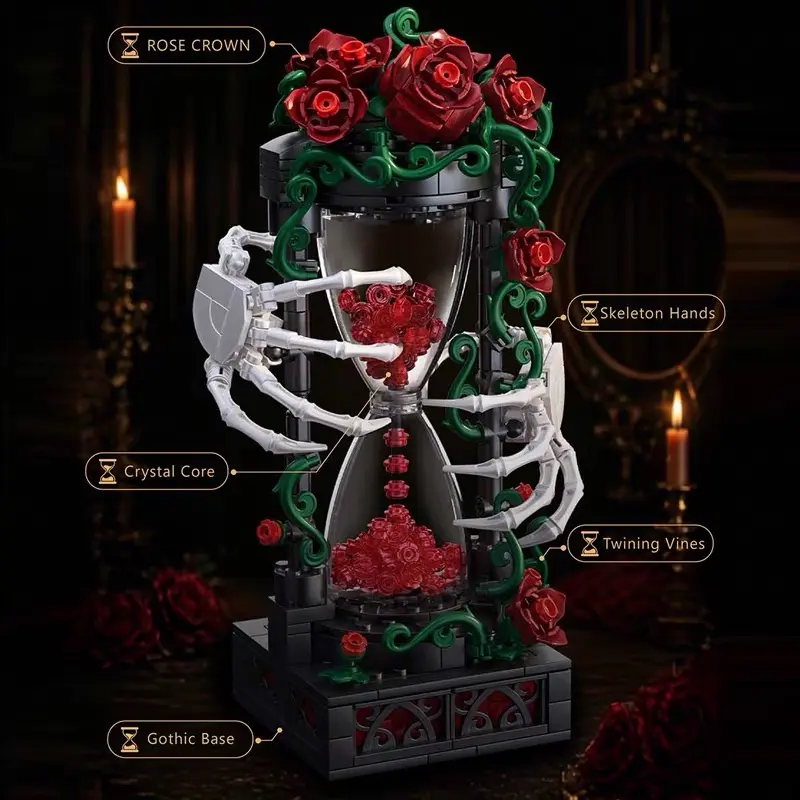 Gothic Rose Hourglass Building Blocks Set, Skeleton Hand Brick Model DIY Assembly Toy, Dark Fantasy Desk Display Decor Collectible Kit Gift for Teens & Adults