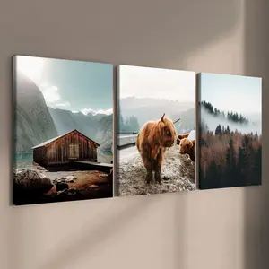 3 count wooden frame canvas, mountain pastoral natural life triple poster, animal Highland cattle decoration, stylish bedroom decoration, modern art home decoration, living room and corridor wall decoration, HD, waterproof, art