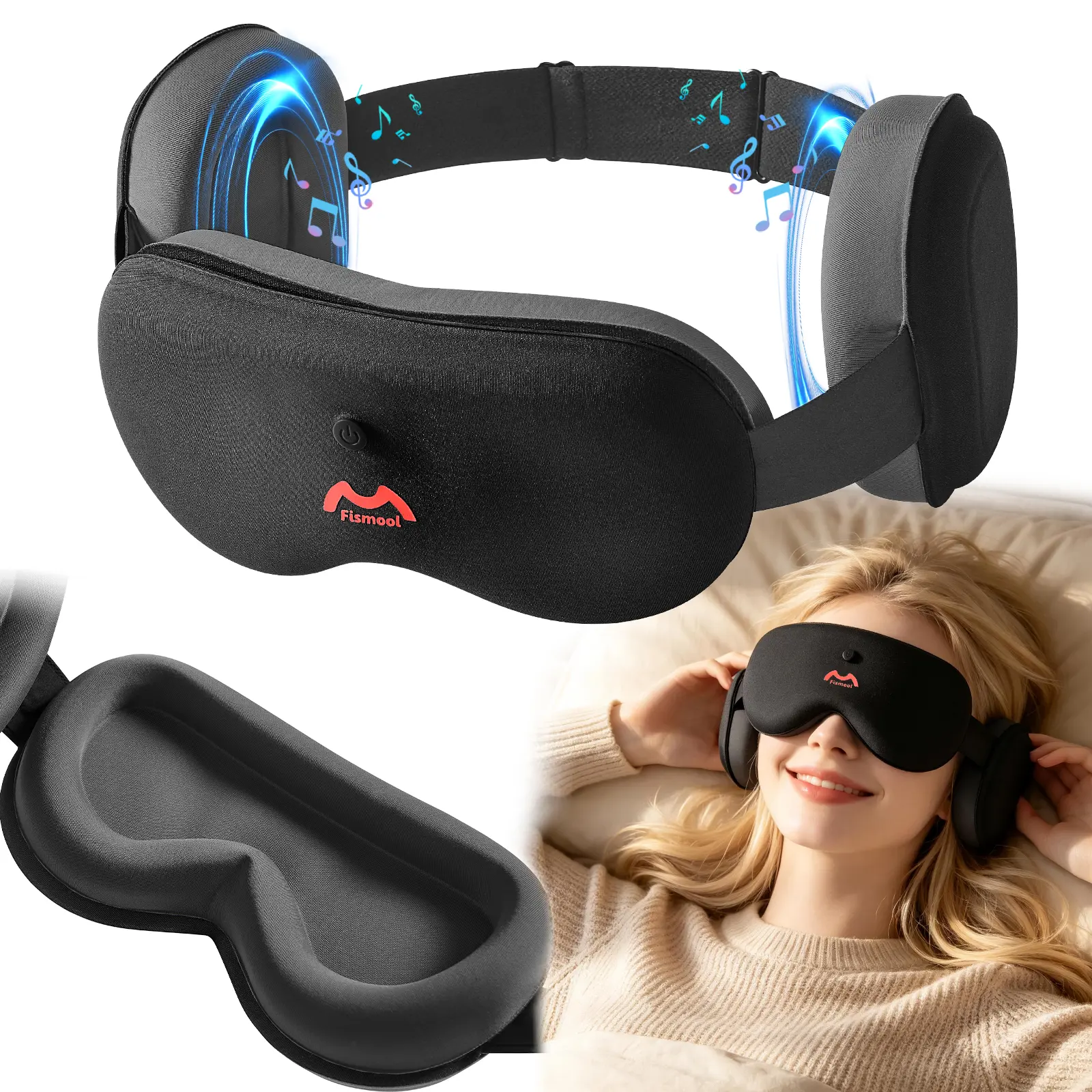 Fismool 3D Bluetooth Sleep Mask with Remote Control & Headphones | 100% Blackout Pressure-Free Cotton Eye Mask for Side Sleepers, Noise-Masking Travel Sound Blindfold