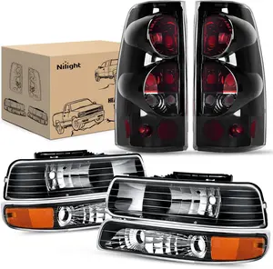 Nilight Headlight and Taillight Assembly Combo Compatible with 1999 2000 2001 2002 Chevy Silverado 1500 2500 2001 2002 Chevy Silverado 1500HD 2500HD 3500 OE Style Black Housing Amber Reflector Smoke Truck Car Accessories
