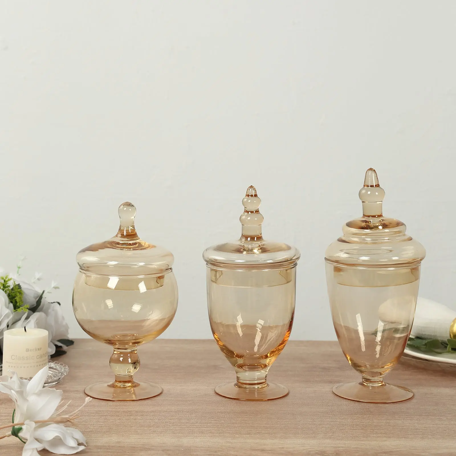 Set of 3 Amber Gold Glass Jars 8.5", 9", 10" Apothecary Design with Snap-On Lids - Decorative Footed Candy Buffet Containers