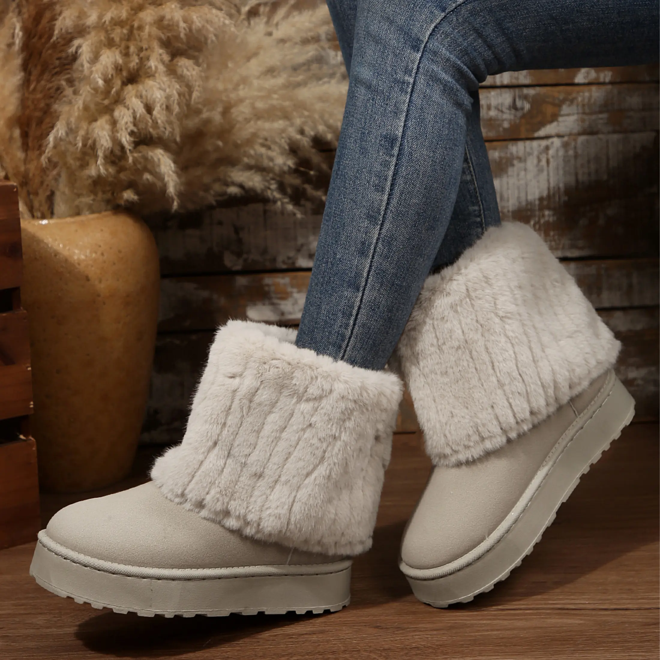 Womens Snow Boots Warm Fluffy Faux Lined Short Booties for Winter with Casual Platform Shoes Design Beige Footwear