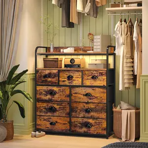 Raybee Furniture Dresser,2 Shelves,Tall Dresser with 9 Drawer Dresser, Metal Frame,Black Dresser with Wood Top for Nurseryfor Closet,Bedroom,Living Room,Entryway