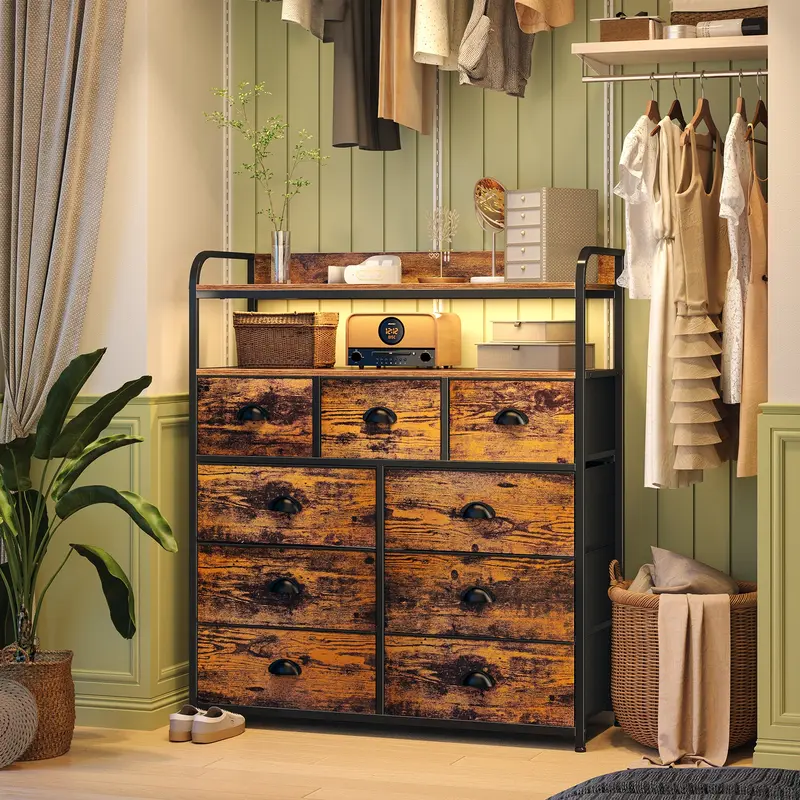 Raybee Furniture Tall Fabric Organizer Dresser - Wardrobe Cabinet & TV Stand with 2-Size Drawers (9 Total), 2 Adjustable Shelves, Quiet Metal Slides, 44lb Capacity, Metal Frame, Waterproof Top, Wood Freestanding Cupboard, Assembly Required
