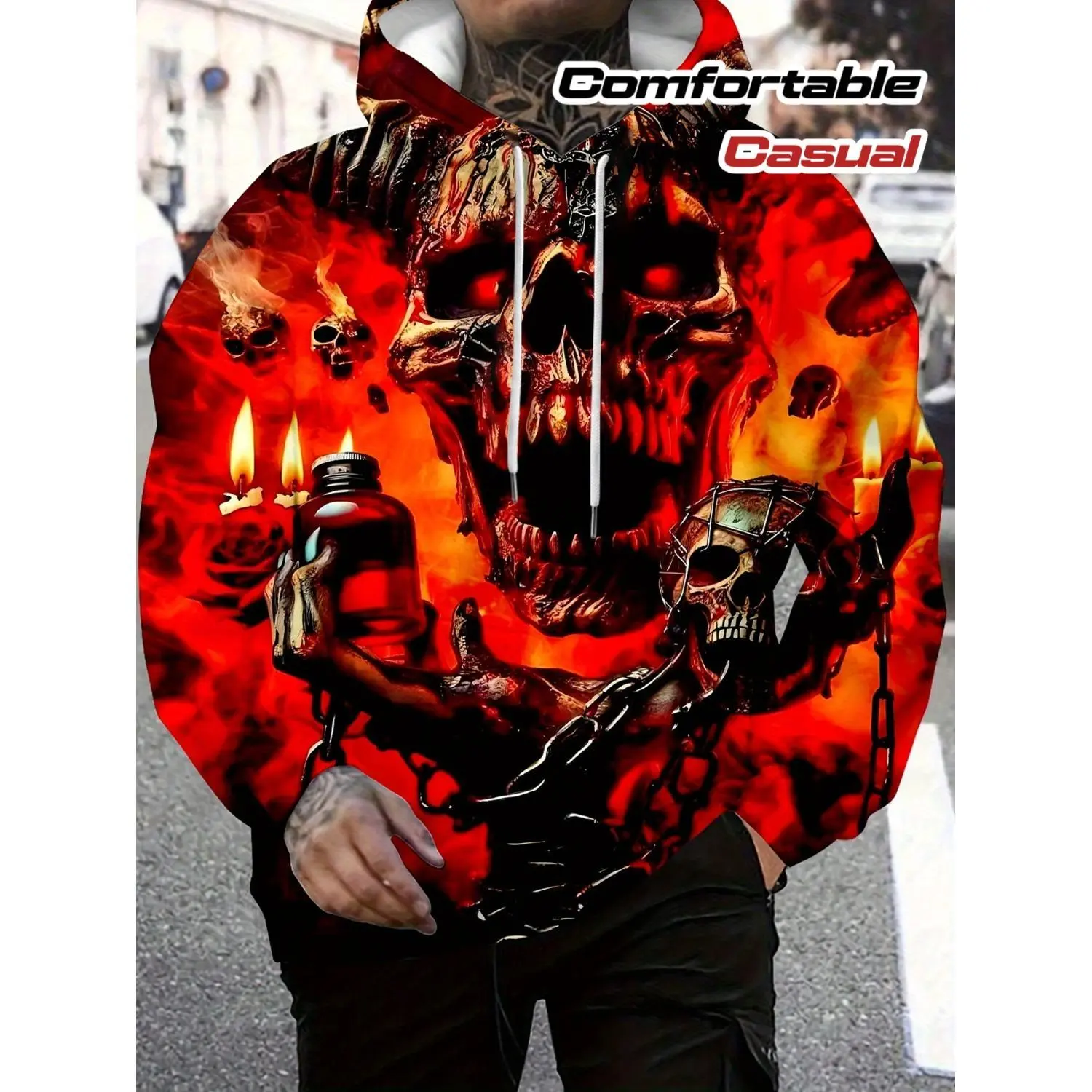 Men's Trendy Retro-Style Long-Sleeve Hoodie with High-Quality Skull Flame Graphic, Comfortable and Machine Washable, Versatile for Any Casual Outfit