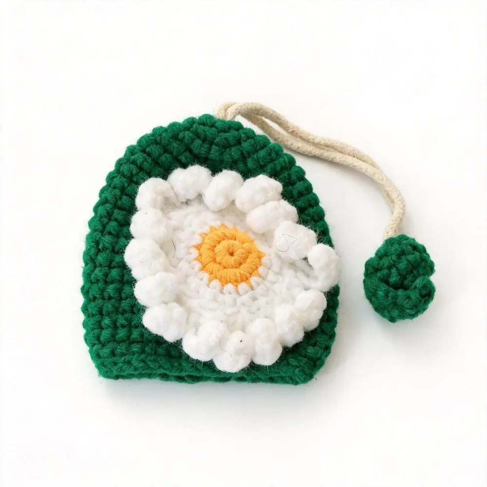 Whimsical Handmade Cotton Yarn Crochet Daisy Flower Key Cover - Cute Floral Art Everyday Unisex Accessory with Drawstring for DIY Craft Projects, Fabric
