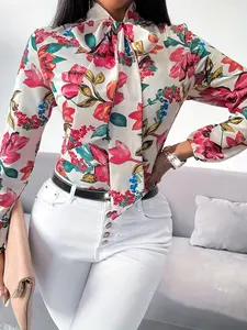 One women's colorful flower-printed bow tie-dye blouse with long sleeves, suitable for vacation, commuting and daily wear.