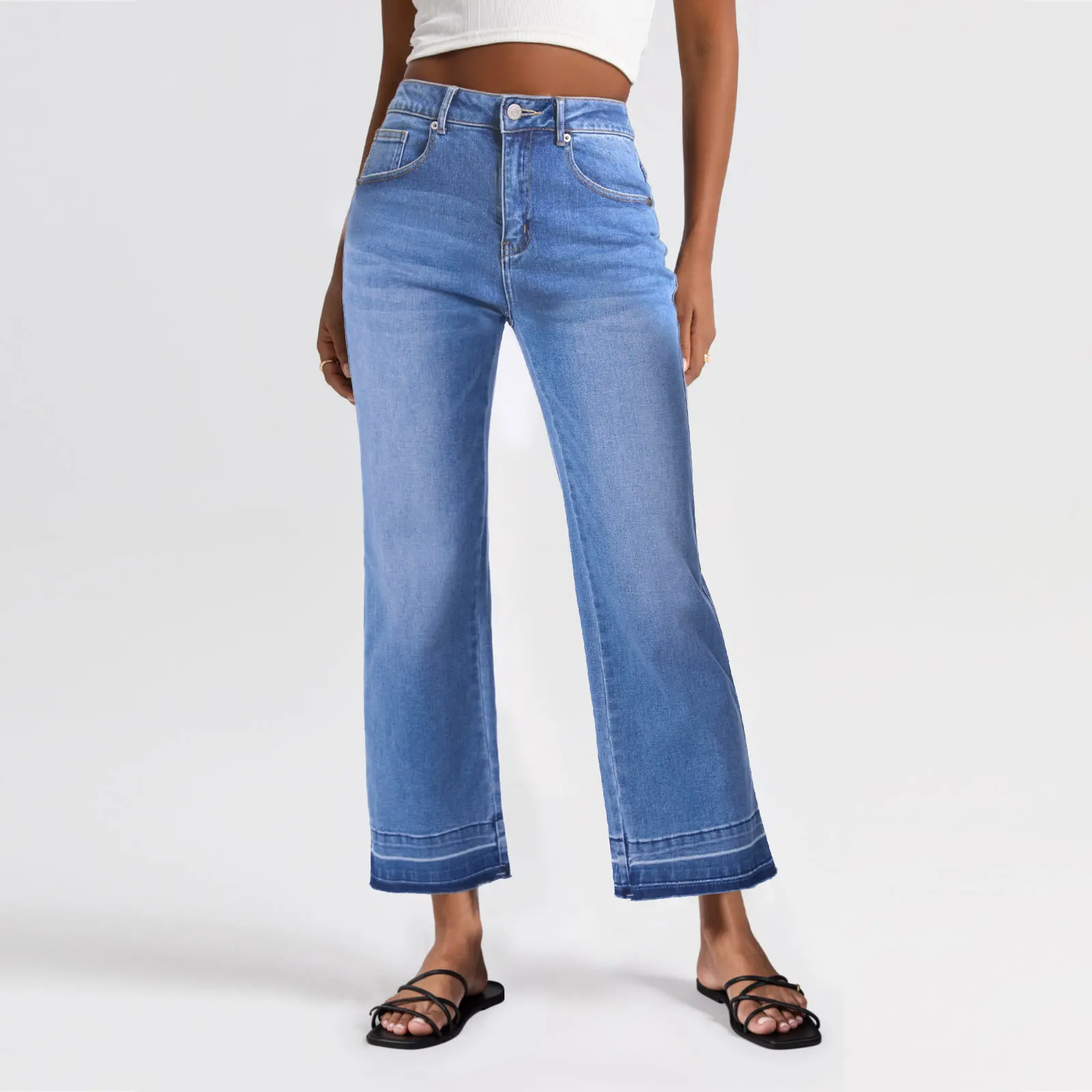 FireSwan High Rise Medium Wash Tummy Control Cropped Wide Leg Jeans