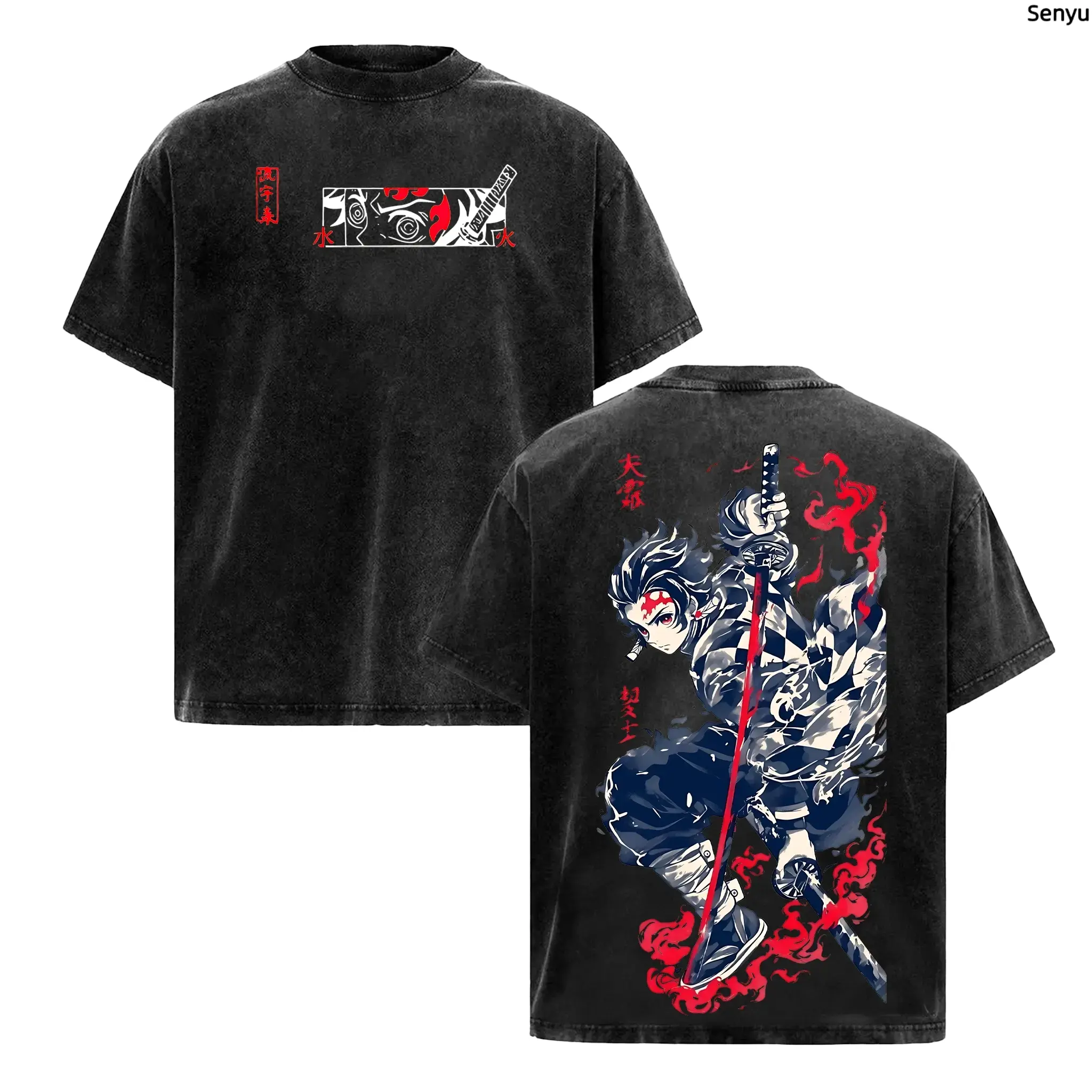 Men's Tanjiro Kamado Graphic T-Shirt, Double Printed Oversize Acid Washed Shortsleeve Round Neck Streetwear Tee, Anime Art Print Men's Short-Sleeve T-Shirts, Top