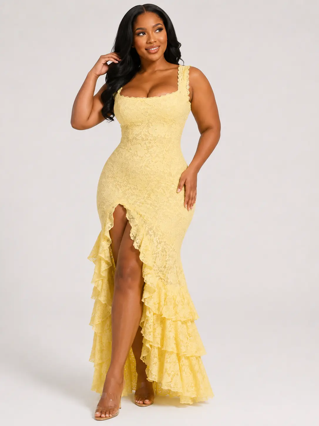 Sculpt Touch Women's Lace High Low Maxi Dress Square Neck Ruffle Hem High Slit Bodycon Cocktail Party Dress