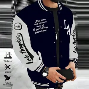 Baseball Jacket Men, Letter Print, Patchwork Color Block, Casual Street Style, College Look, Black, Blue, Red, Yellow, LA Letter Print Coats Stylish Menswear jacket men jacket men Tops Streetwear Long Sleeve western clothing