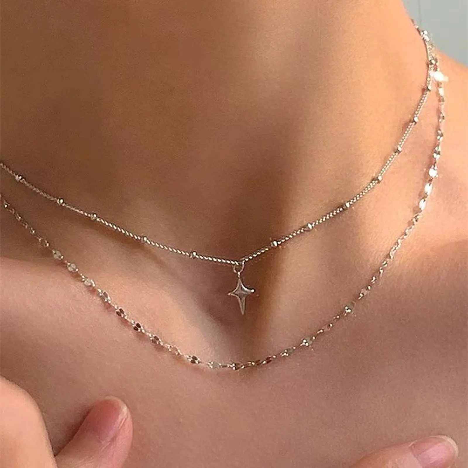 Celestial Star Necklace for Women, Silver-toned Double Layer Minimalist Chain, Adjustable Dainty Jewelry for Birthday Gift, Fashion Minimalist Necklace, Unisex, Fashionable, Casual, Anniversary