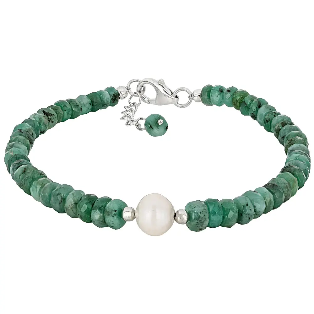 JTV Classic Artificial Gemstone Bracelet, Green Emerald, Rhodium-Plated Sterling Silver Beaded Accessory (Classic Artificial Gemstone Bracelets & Anklets Category), Pearl, Adults, 4-6Mm Rondelle Emerald, 6-8Mm, 925 Sterling, 7.5 Inches, Freshwater White P