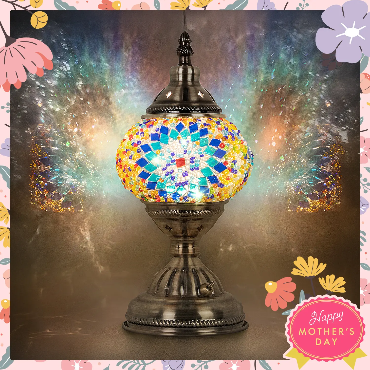 Yarra-Decor Turkish Moroccan Lamp with Bronze Base Handmade Tiffany Mosaic Glass Portable Bedside Lamp Rechargeable 2000mAh LED Bulb Blue1 Illuminated Lantern Modern Design Ideal Gift Christmas gifts Adjustable Brightness Lights Mother's Day gift Grateful