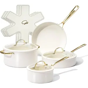 Ceramic Cookware Sets, 10 count Pots and Pans Set Non Stick, Cookware Set with Stainless Steel Handle, Dishwasher & Oven Safe, Cream White and Light  Handle