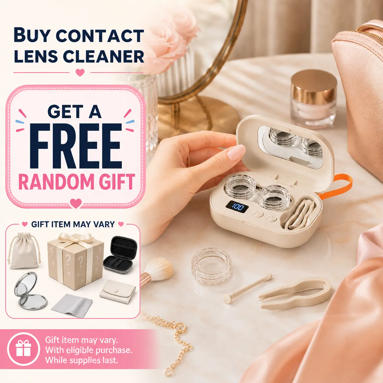Rechargeable Ultrasonic Contact Lens Cleaner with Vanity Mirror - Portable Case for Hard & Soft Lenses, 2 Cleaning Modes, Daily Deep Cleaning, Travel-Ready for Home & Office Use