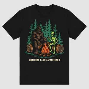 Mens Funny T Shirts National Parks After Dark Sarcastic Bigfoot Alien Graphic