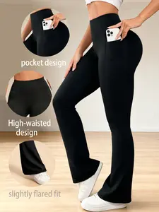 Women's High-Waisted Slimming Hidden Pocket Flare Pants, Athleisure Style Bottoms, Sporty Yoga Leggings for Running & Gym, All-Season Fashion