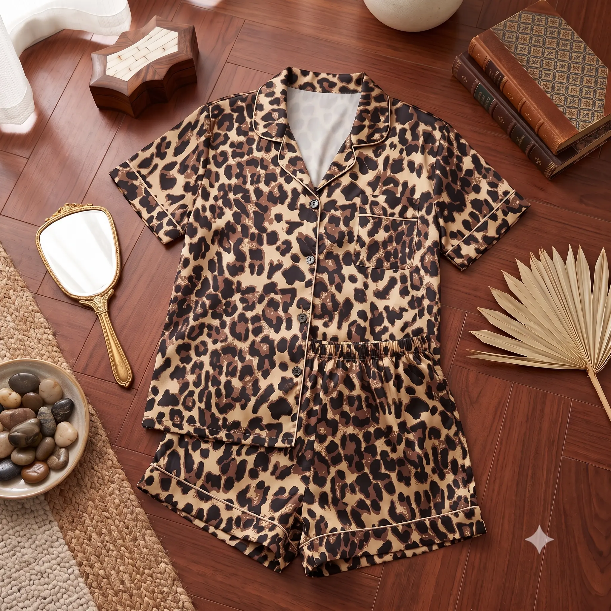 Cheetah Print Satin Pajama Set | Women's Soft Silky Sleepwear Lounge Shorts Set