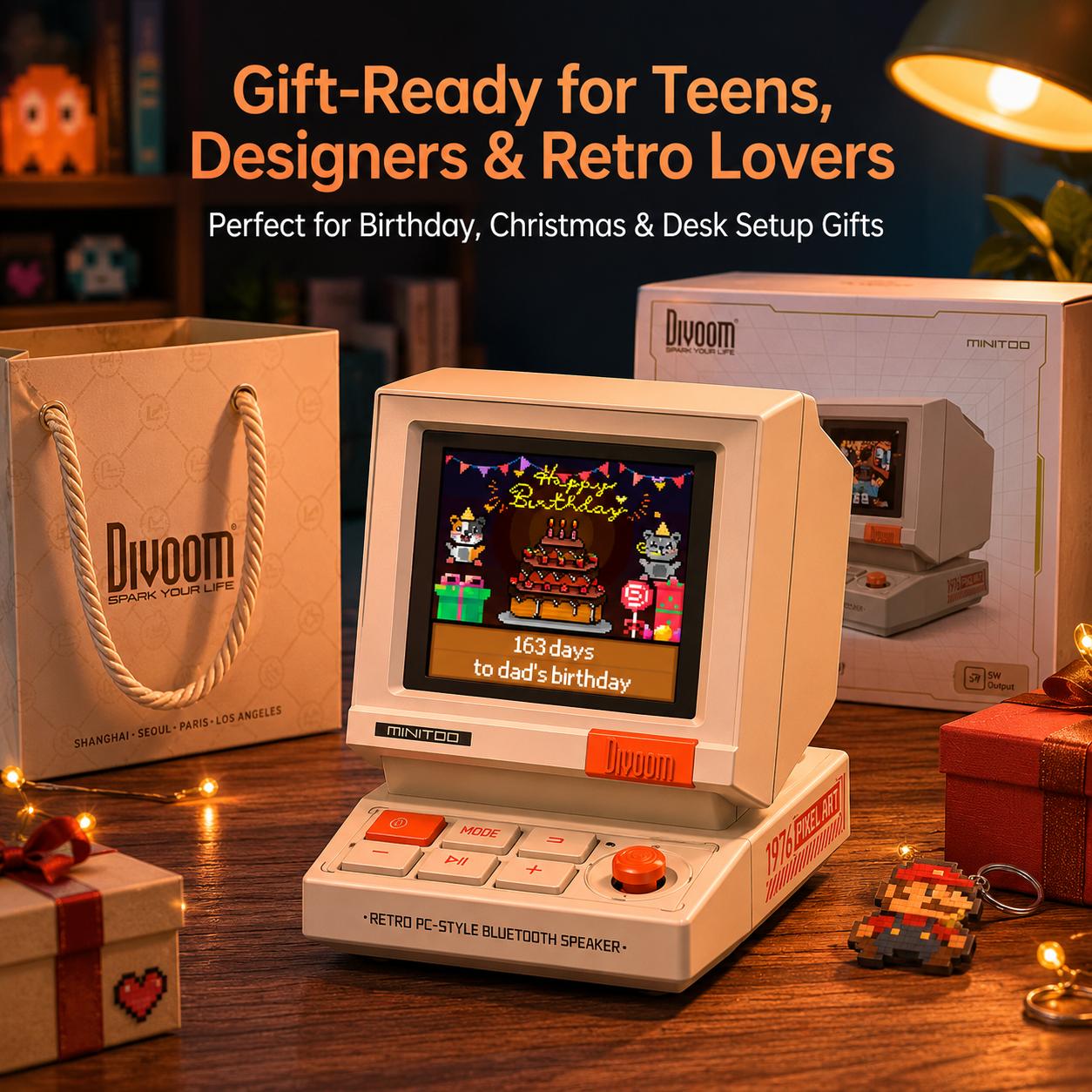 Divoom MiniToo Retro Pixel Bluetooth Speaker – 90s-Inspired PC Design,App Control, Alarm, White Noise, Retro Desk Portable Speaker for Music,Gaming Room Decor