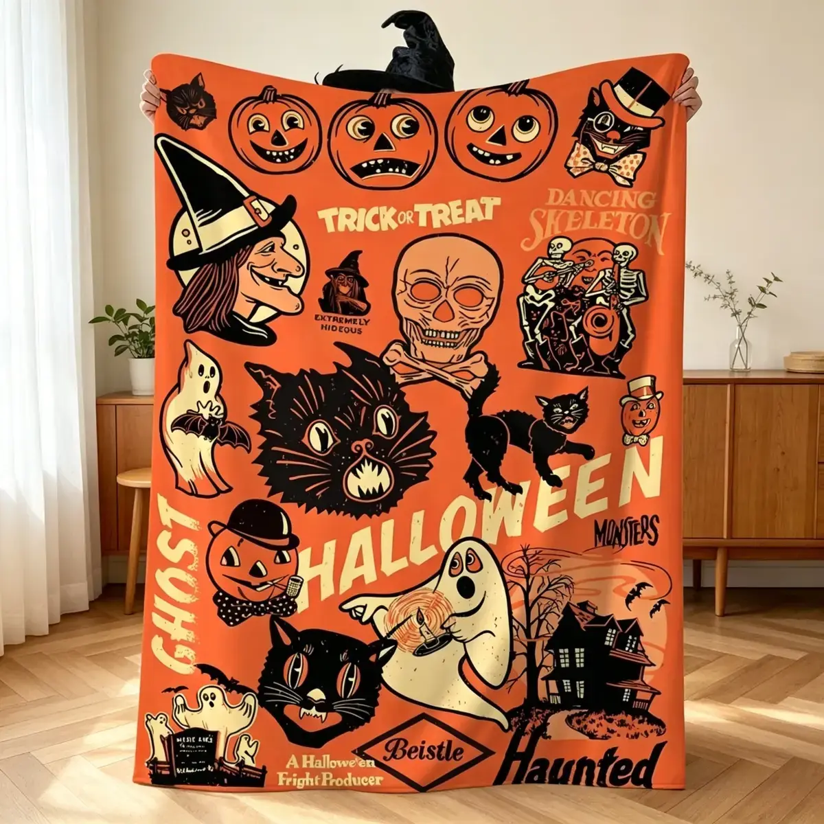 Retro Halloween Spooky Witch Ghost Pumpkin Flannel Blanket for Kids & Adults, Gothic Halloween Aesthetic Plush Throw Blanket, Ultra Soft Warm Fleece Blanket, Lightweight Air Conditioner Blanket for Bed Couch Sofa, Bedroom Living Room Dorm Decor, Travel