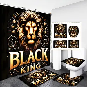 Lion Pattern Bathroom Curtain Set, Includes Toilet Lid, Bath Mat, Shower Curtain, 12 Plastic Hooks, Modern Home Decor, Bathroom Decoration Accessories, Complete Bathroom Accessories