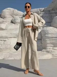 Women's Solid Color Fitted Shirt & Wide Leg Pants Two-piece Set, Casual Minimalist Long Sleeve Top & Trousers for Spring & Fall, Women's Clothes for Daily Wear, Matching Sets for Women, Loose Pant Sets, summer loungewear sets, Womenswear