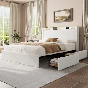 Boucle Full / Queen Size Bed Frame – Cloud Cream Platform Bed Frame with 4 Storage Drawers & Upholstered Headboard – Soft Boucle Fabric – No Box Spring Required – Easy Assembly
