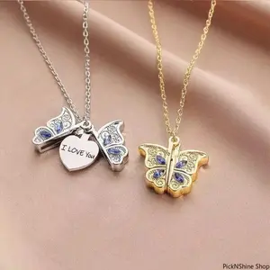 Exquisite Fashion Butterfly Necklace For Women, I Love You Openable Locket Pendant, Elegant Jewelry Accessories For Daily & Gifting