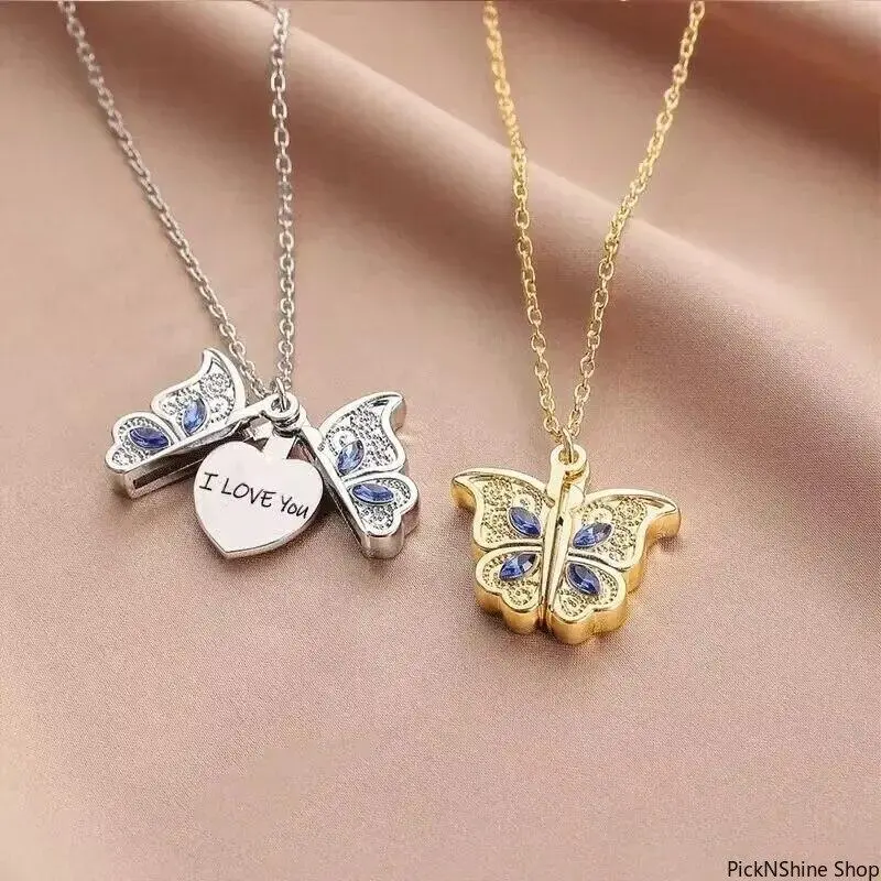 Exquisite Butterfly Locket Necklace for Women, Openable with Engraved "I Love You" Initial Letter, Custom Script Fashionable Accessory, Pendant, Gifts, Butterfly Charm