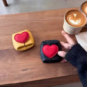 Heart Buckle Top Layer Cowhide Mini Storage Bag, Portable Earphone Coin Purse, Multicolor Small Item Organizer, Compact Wallet, Headphone Bag