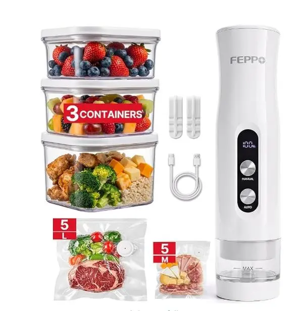 FEPPO Compact Vacuum Sealer for Food,  Anti-Overflow Handheld Vacuum Sealer Machine with 3 Containers & 10 Reusable Bags, -65kPa Powerful Suction, Auto & Manual Modes, Portable Food Vacuum Sealer for Kitchen, Travel, RV