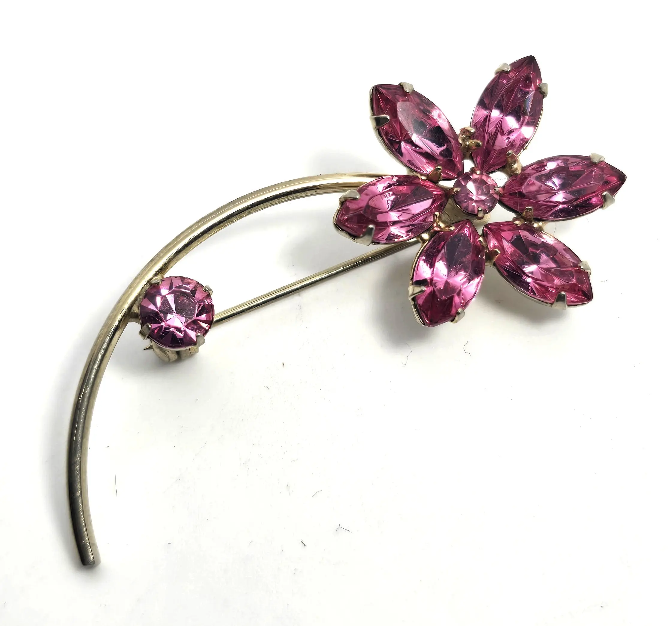 Pink rhinestone flower petal gold toned mid century vintage spray brooch